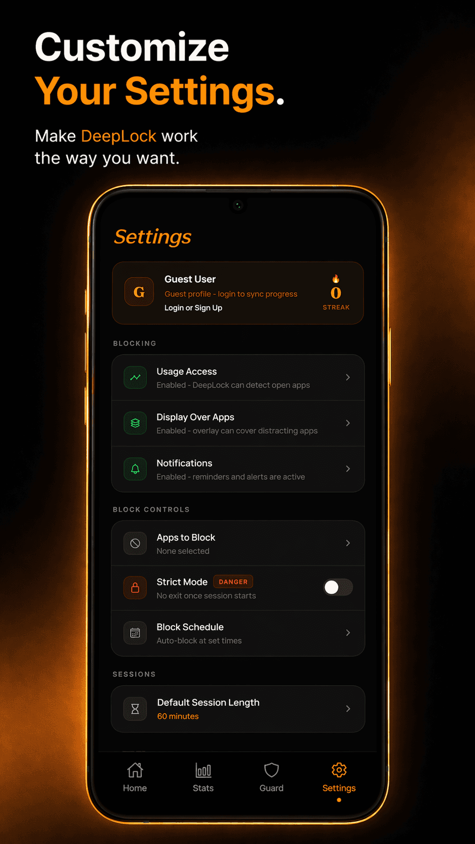 DeepLock screenshot showing settings and blocking controls.