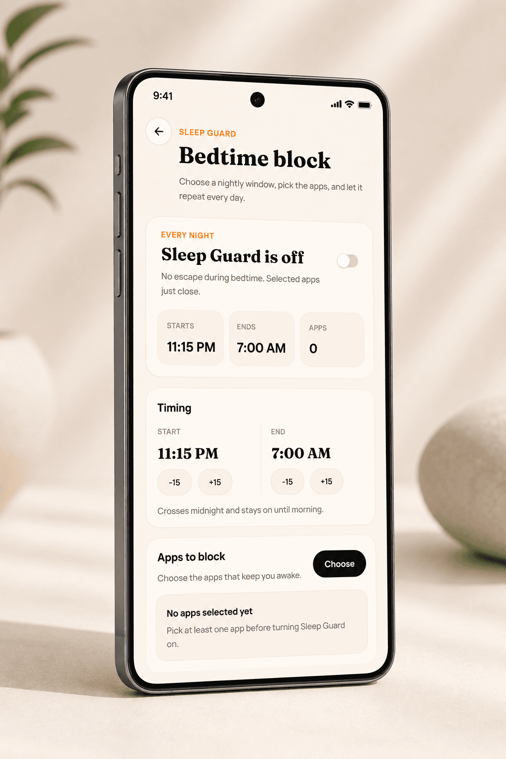 DeepLock Sleep Guard screen for blocking apps during bedtime.