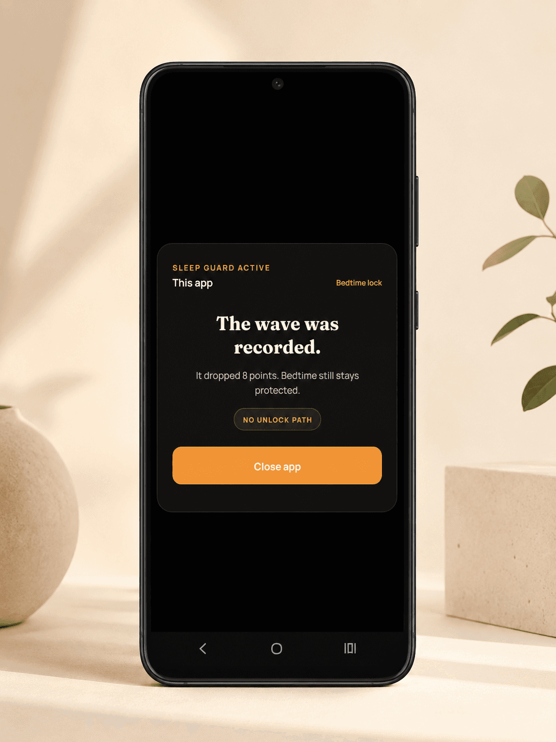 DeepLock blocked app screen showing Sleep Guard active and a close app button.