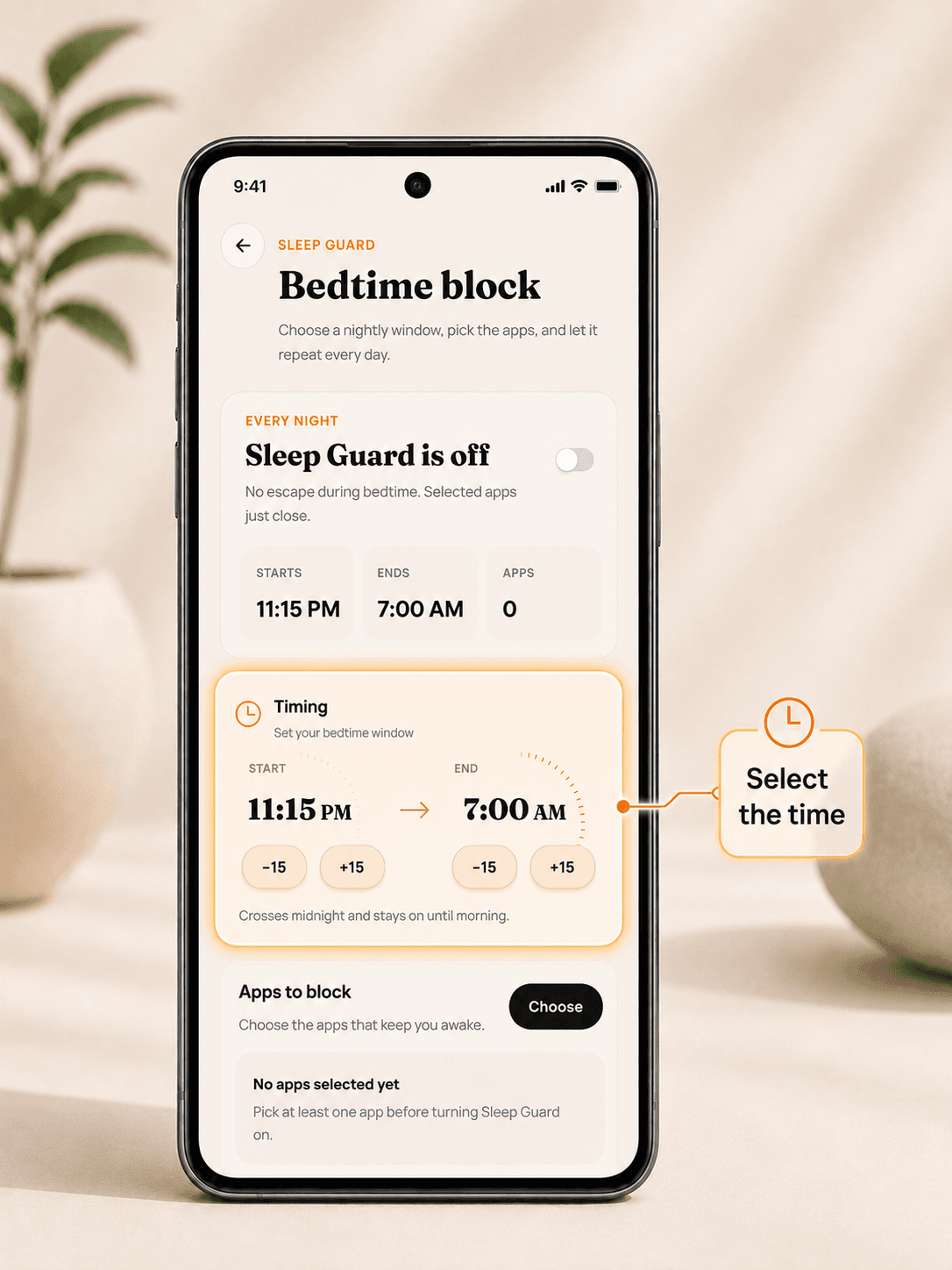 DeepLock Sleep Guard timing screen with a callout saying select the time.