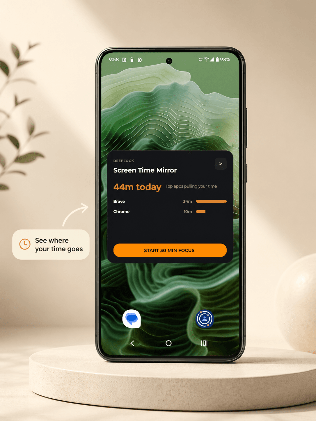 DeepLock screen time mirror widget showing daily usage and progress.